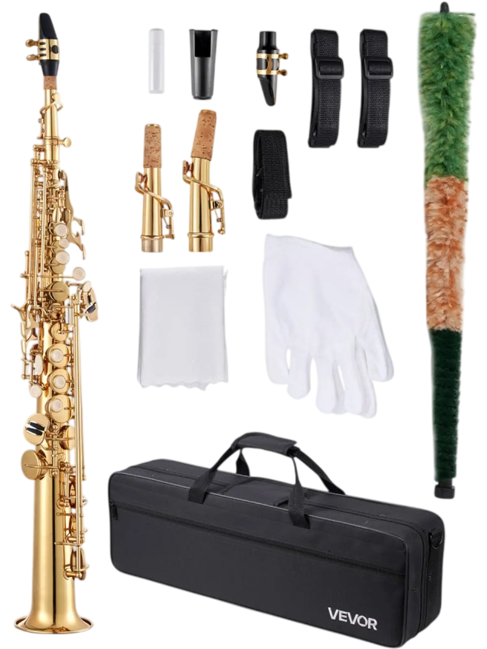 VEVOR Straight Soprano Saxophone, B Flat, Brass Saxophone Beginner Kit with Carrying Case, Mouthpiece, Cleaning Cloth Rod, Gloves, Neck Strap, 23 Keys Soprano Sax Kit, for Beginners Students, Gold