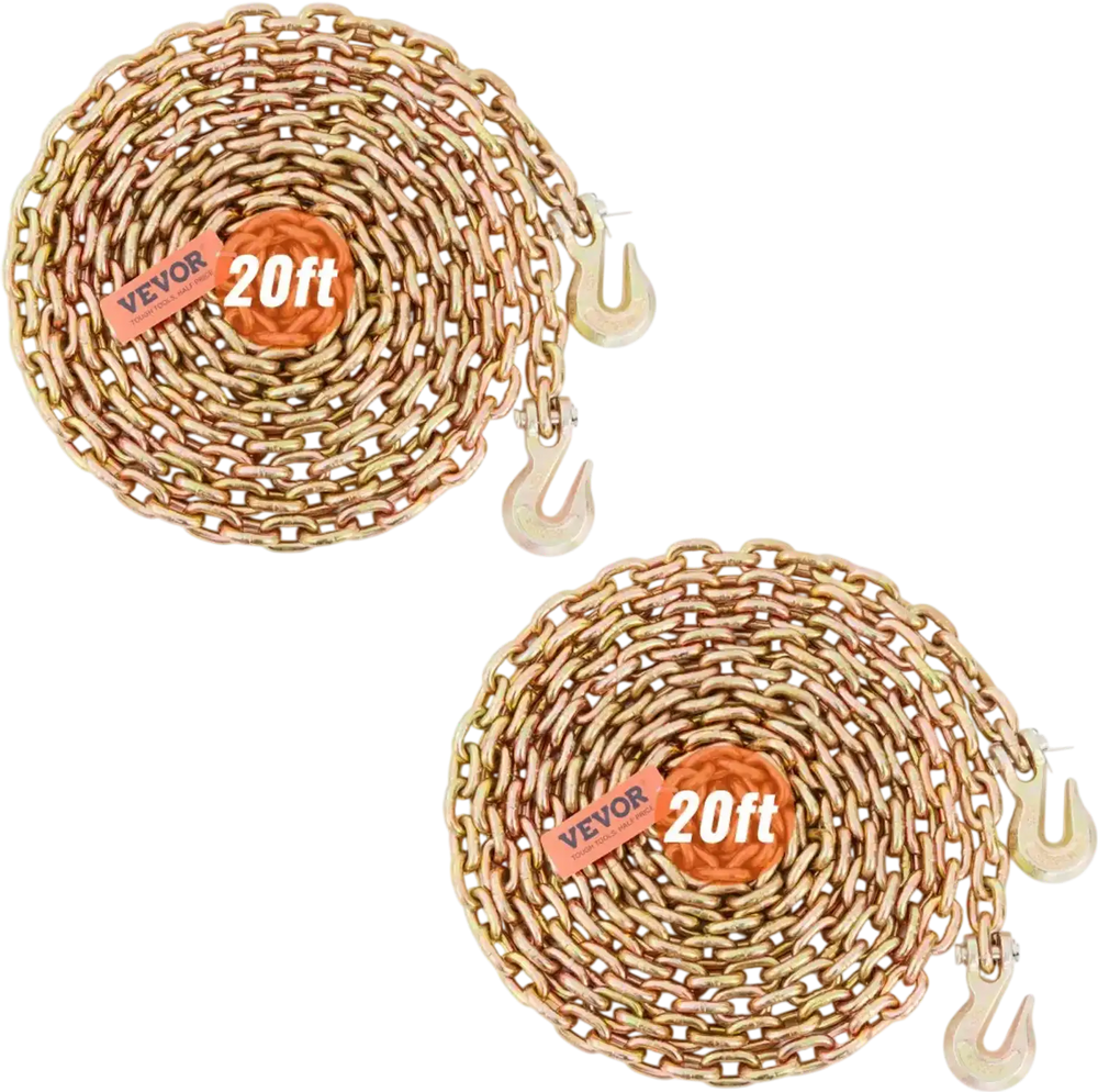 VEVOR Transport Binder Chain, 4900lbs Working Load Limit, 5/16''x20' G80 Tow Chain Tie Down with Grab Hooks, DOT Certified, Galvanized Coating Manganese Steel for Dock Factory Construction Site, 2Pack