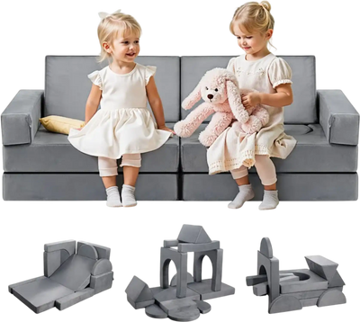 VEVOR Modular Kids Play Couch, Sectional Toddler Sofa with Armrests, 28D Sponge & Short Pile, Convertible Kids Modular Couch DIY Creative Combination for Playroom, Bedroom, Living Room, 14 Pcs, Gray