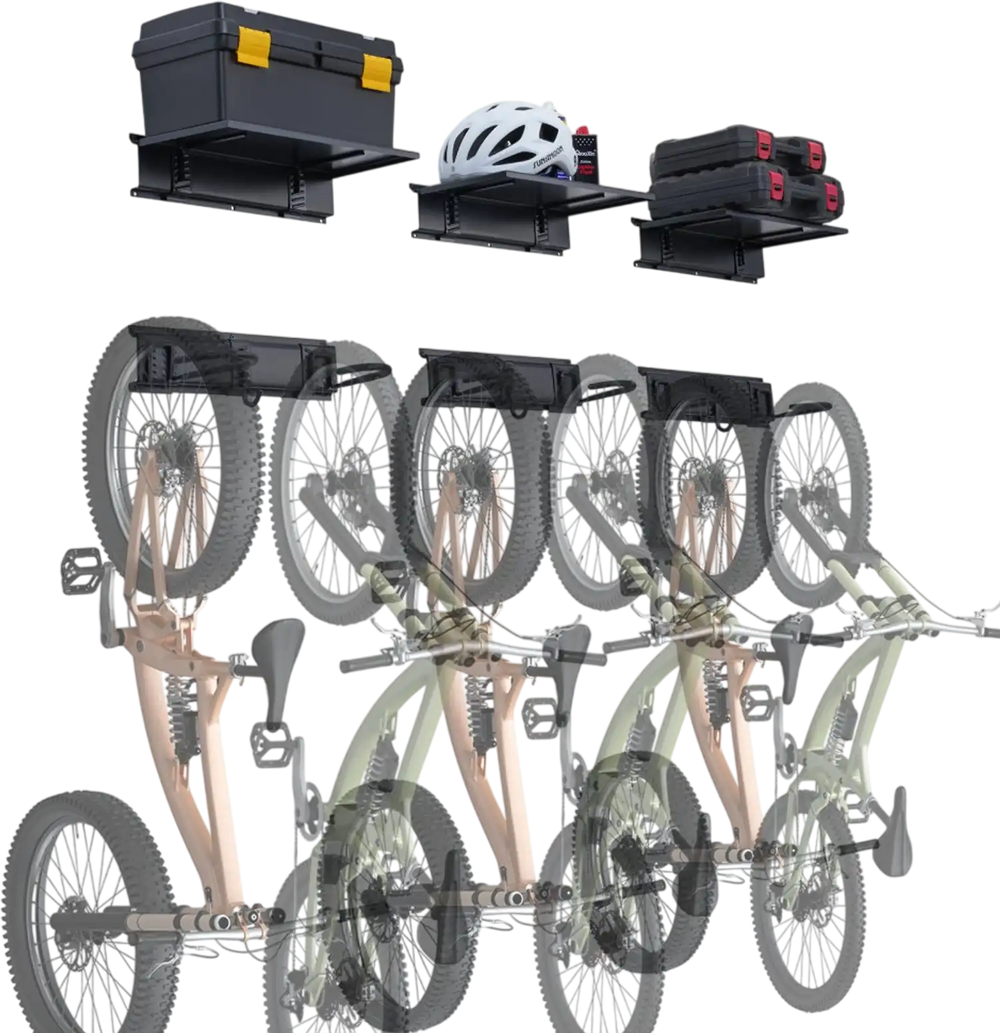 VEVOR Bike Storage Rack, 6 Bike Racks and 3 Helmets Hooks, Wall Mount Bike Storage Hanger with 3 Shelves, Home & Garage Organizer, Customizable for Various Bike Sizes, Holds Up to 300 lbs, 48-inch
