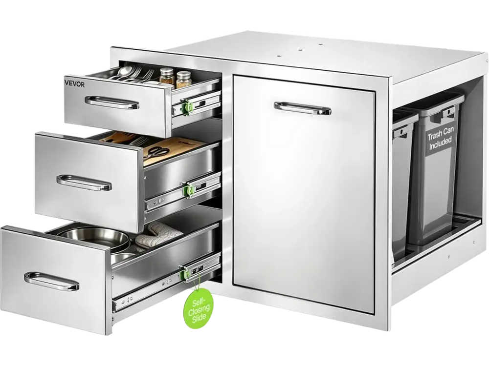 VEVOR Outdoor Kitchen Drawer Combo, 20"W x 20"H x 28"D, Dual Trash Bins, for BBQ Island Storage, Patio Bars and Grill Station, with Handle, Built-In BBQ Island Drawers Organize Cookware Accessories