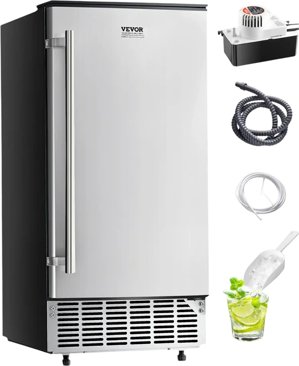 VEVOR Undercounter Built-in Ice Maker, 80 Lbs/Day Under Counter Ice Maker Machine with Reversible Door Stainless Steel, Freestanding Ice Maker for Commercial Home Kitchen, Electric Drainage
