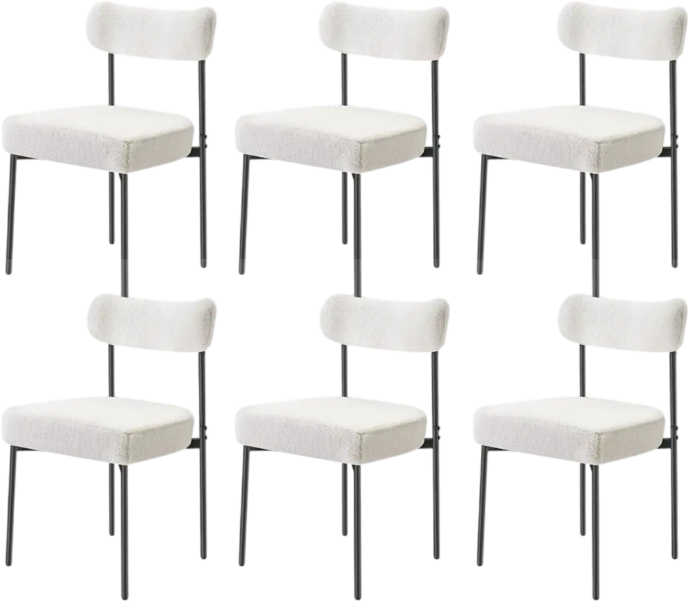 VEVOR Boucle Dining Chairs Set of 6, Mid Century Modern Sherpa Accent Chairs, Upholstered Side Chair for Dining Table, Space-Saving White Kitchen Table Chair with Curved Backrest and Black Metal Legs