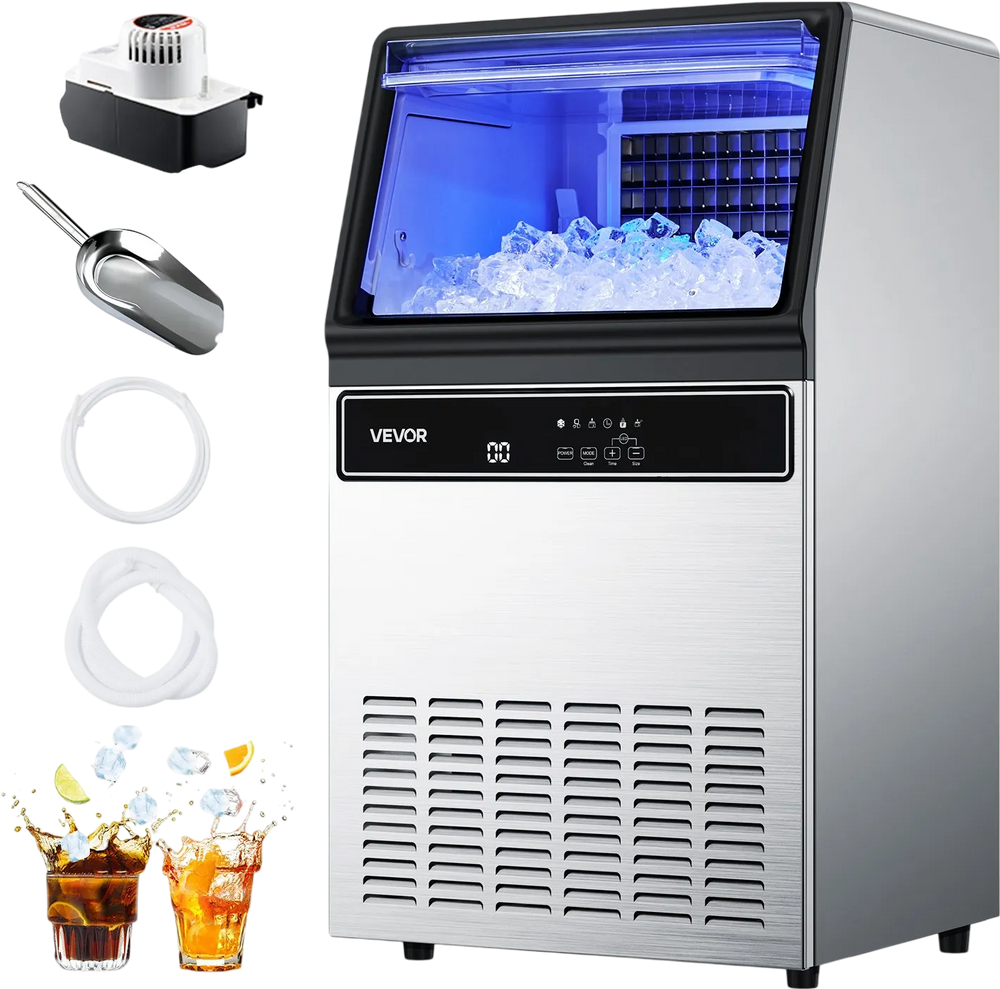 VEVOR Commercial Ice Maker Machine with Pump, 130Lbs/24H with 33Lbs Storage, 45 Cubes per Cycle, Freestanding & Under Counter Ice Maker with LED Display & Self-Cleaning, for Home Bar Restaurant
