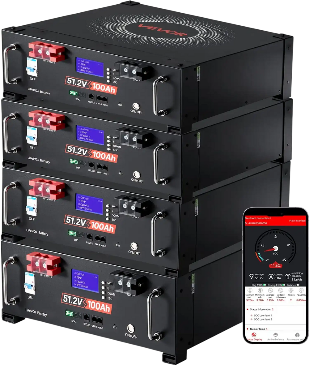 VEVOR 48V 400Ah LiFePO4 Lithium Battery, 4 Pack 100Ah, 20.48kWh Capacity, 51.2V Server Rack LiFePO4 Battery with Bluetooth, Max 6000 Cycles, LCD Display, for Off-Grid, Solar System, Backup Power