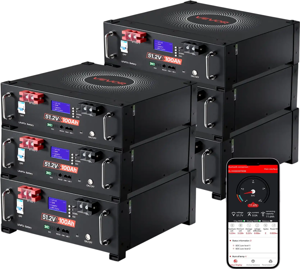 VEVOR 48V 600Ah LiFePO4 Lithium Battery, 6 Pack 100Ah, 30.72kWh Capacity, 51.2V Server Rack LiFePO4 Battery with Bluetooth, Max 6000 Cycles, LCD Display, for Off-Grid, Solar System, Backup Power