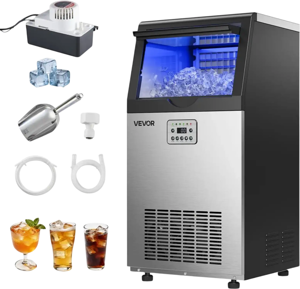 VEVOR Commercial Ice Maker Machine with Pump, 100 lbs/24h with 30 lbs Storage Capacity, Built-in/Freestanding/Under Counter, Stainless Steel Ice Maker with LED Display & Self-Cleaning, for Home Bar