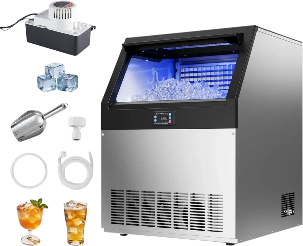 VEVOR Commercial Ice Maker Machine with Pump, 265 lbs/24h with 85 lbs Storage Capacity, Built-in/Freestanding/Under Counter, Stainless Steel Ice Maker with LED Display & Self-Cleaning, for Home Bar