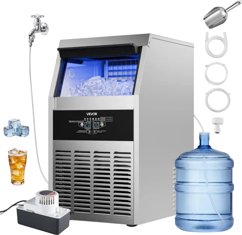 VEVOR Commercial Ice Maker Machine with Pump, 150 lbs/24h with 30 lbs Storage Capacity, Built-in/Freestanding/Under Counter, Stainless Steel Ice Maker with LED Display & Self-Cleaning, for Home Bar