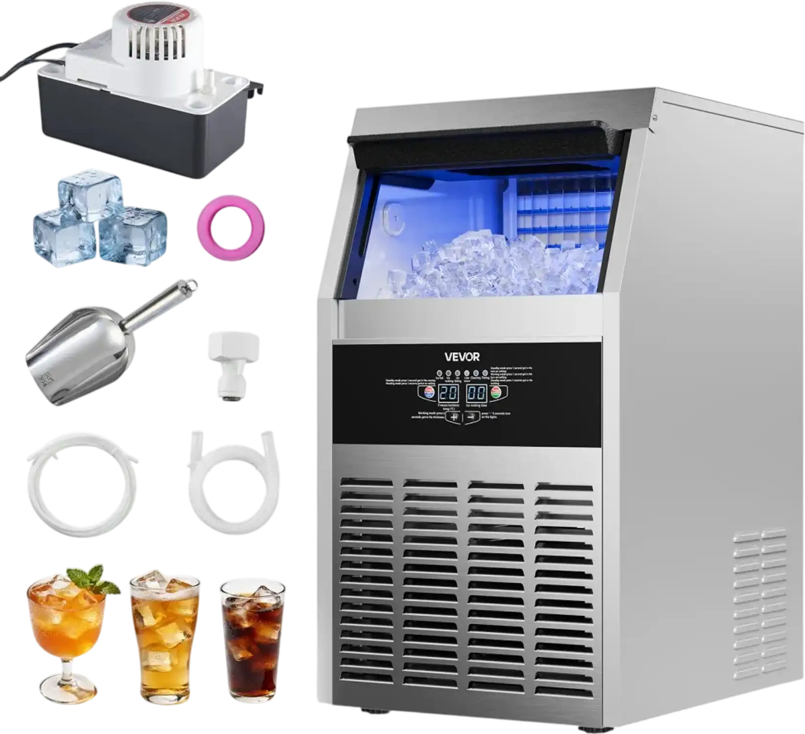 Vevor Ice Maker Commercial Freestanding Under-Counter Stainless Steel 160 lbs/24h with Pump New