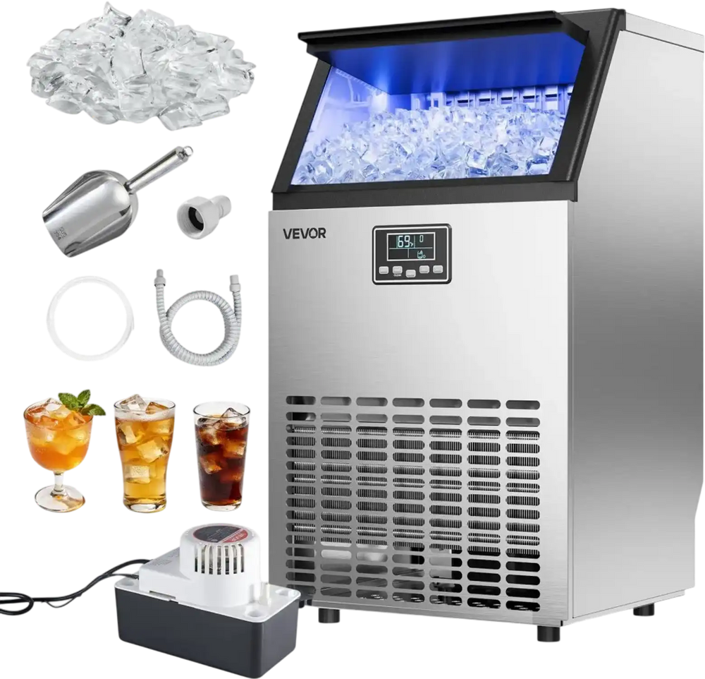 VEVOR Commercial Ice Maker Machine with Pump, 100 lbs/24h with 26 lbs Storage Capacity, Built-in/Freestanding/Under Counter, Stainless Steel Ice Maker with LED Display & Self-Cleaning, for Home Bar