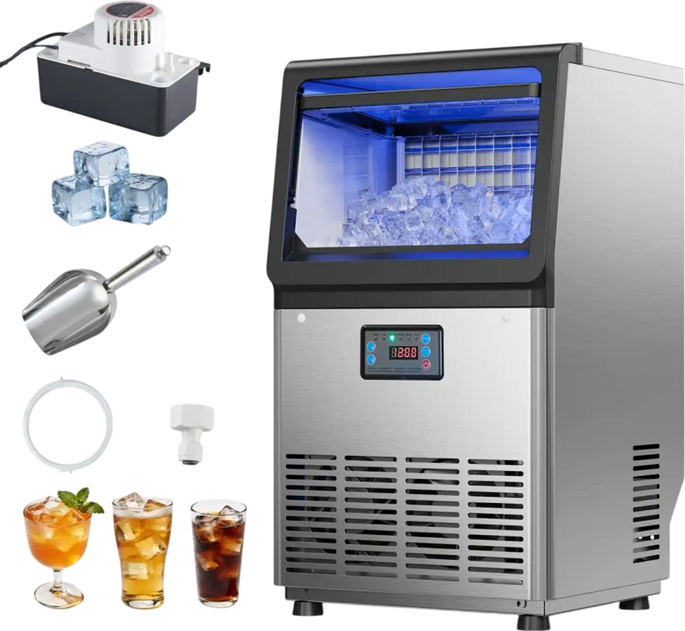 VEVOR Commercial Ice Maker Machine with Pump, 80 lbs/24h with 13 lbs Storage Capacity, Countertop/Freestanding/Under Counter, Stainless Steel Ice Maker with LED Display & Self-Cleaning, for Home Bar