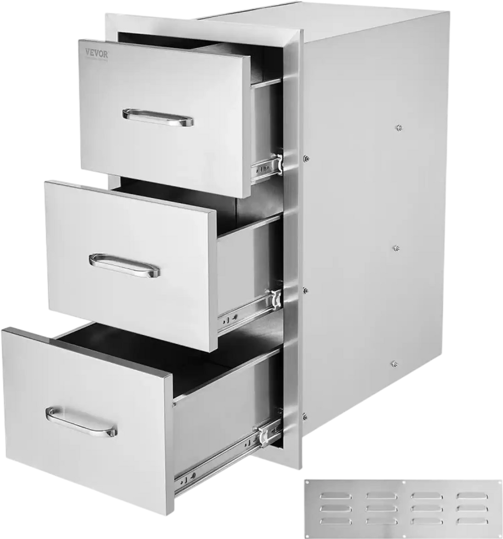 VEVOR Outdoor Kitchen Drawers, 18.5"W x 22.5"H x 22.5"D Triple Access Drawers, Stainless Steel Flush Mount Cabinets, BBQ Island Drawers Storage with Handle, for Outdoor Kitchens or Patio Grill Station