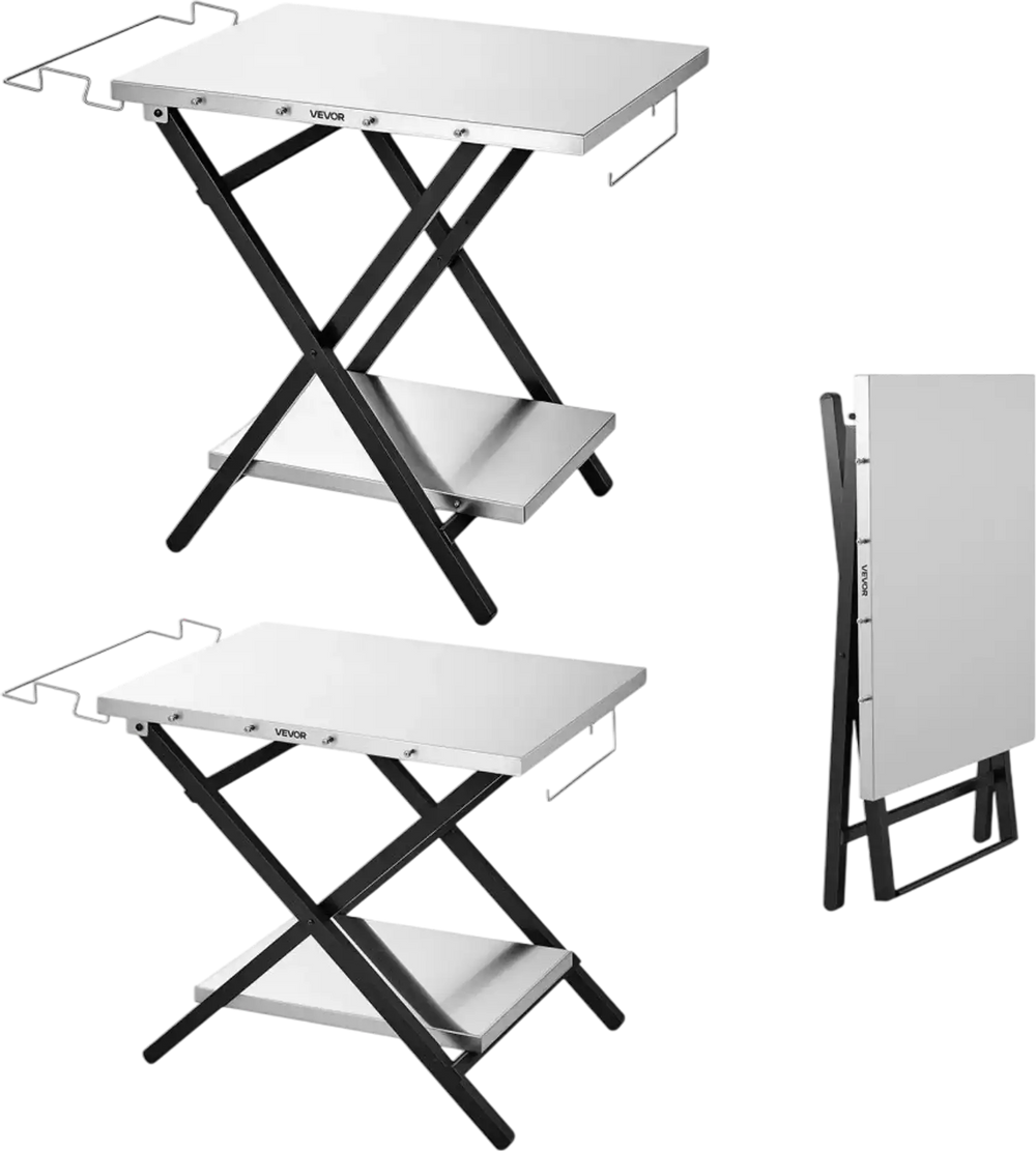 VEVOR Folding Grill Table 30x24 in Camping Prep Tables Stainless Steel, for Picnic BBQ Tailgating, 70 lbs Capacity, Adjustable Height, 2 Tier Outdoor Pizza Oven Stand, Garage Rack, Tissue Holder