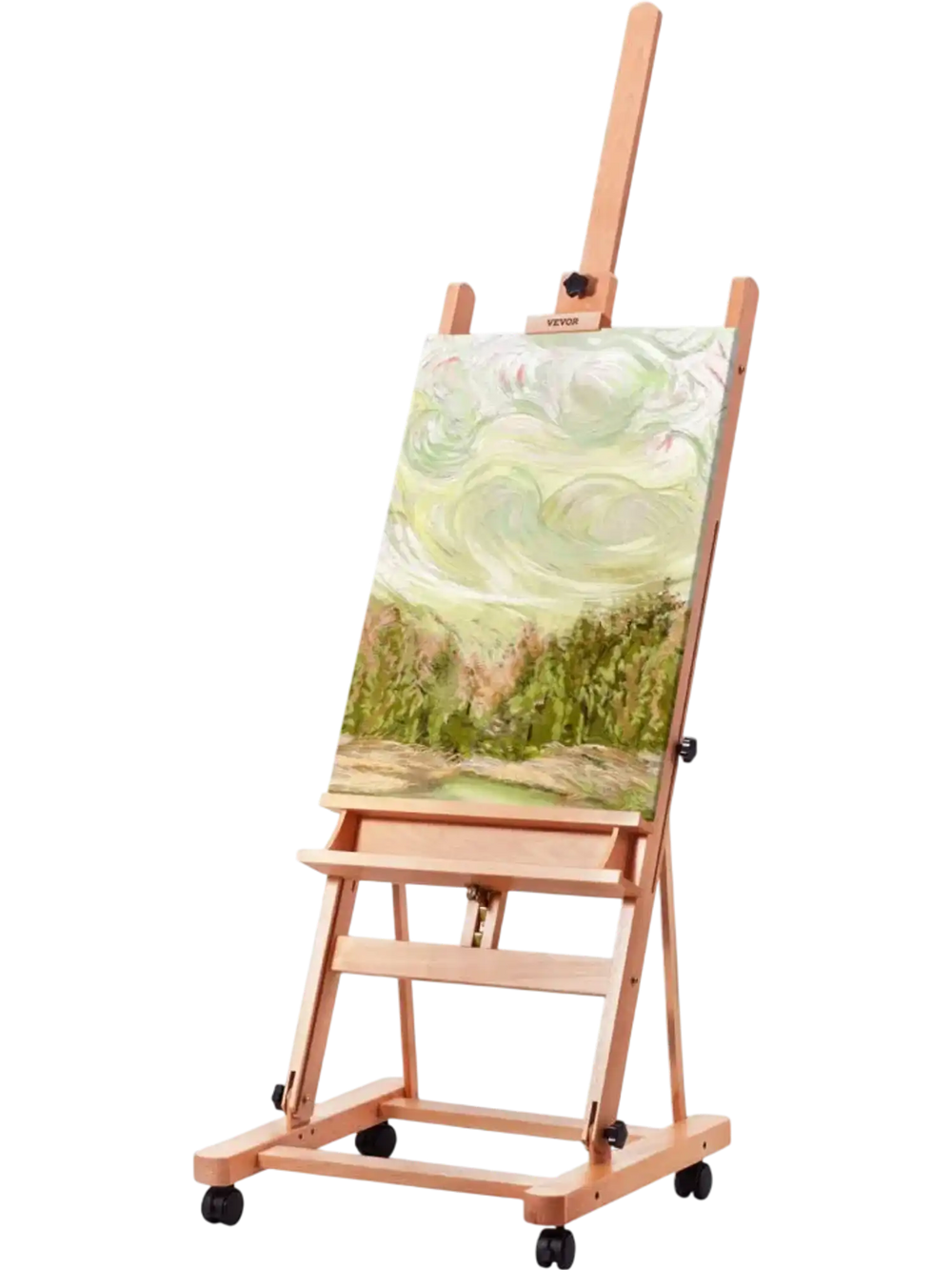 VEVOR Studio H-Frame Easel, Holds Canvas Art up to 48", Beechwood Artists Easel for Painting with Wheels and Large Storage Tray, 33 lbs Load Capacity Studio Easel, Adjustable Art Painting Easel