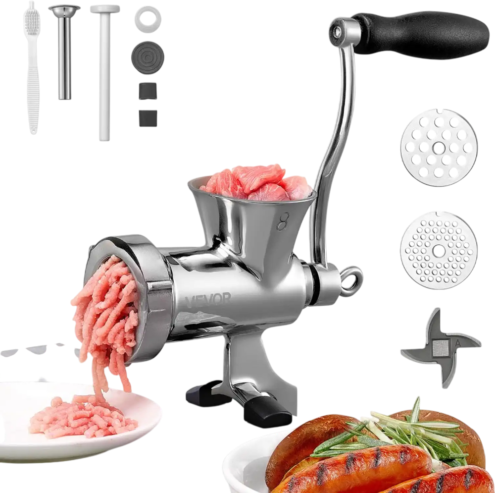VEVOR Manual Meat Grinder, 304 Stainless Steel Hand Crank Meat Mincer with Steel Table Clamp, Sausage Stuffer with 2 Cutting Plates & Sausage Tube, Food Grinder for Beef Chili Pork Kitchen Tabletop