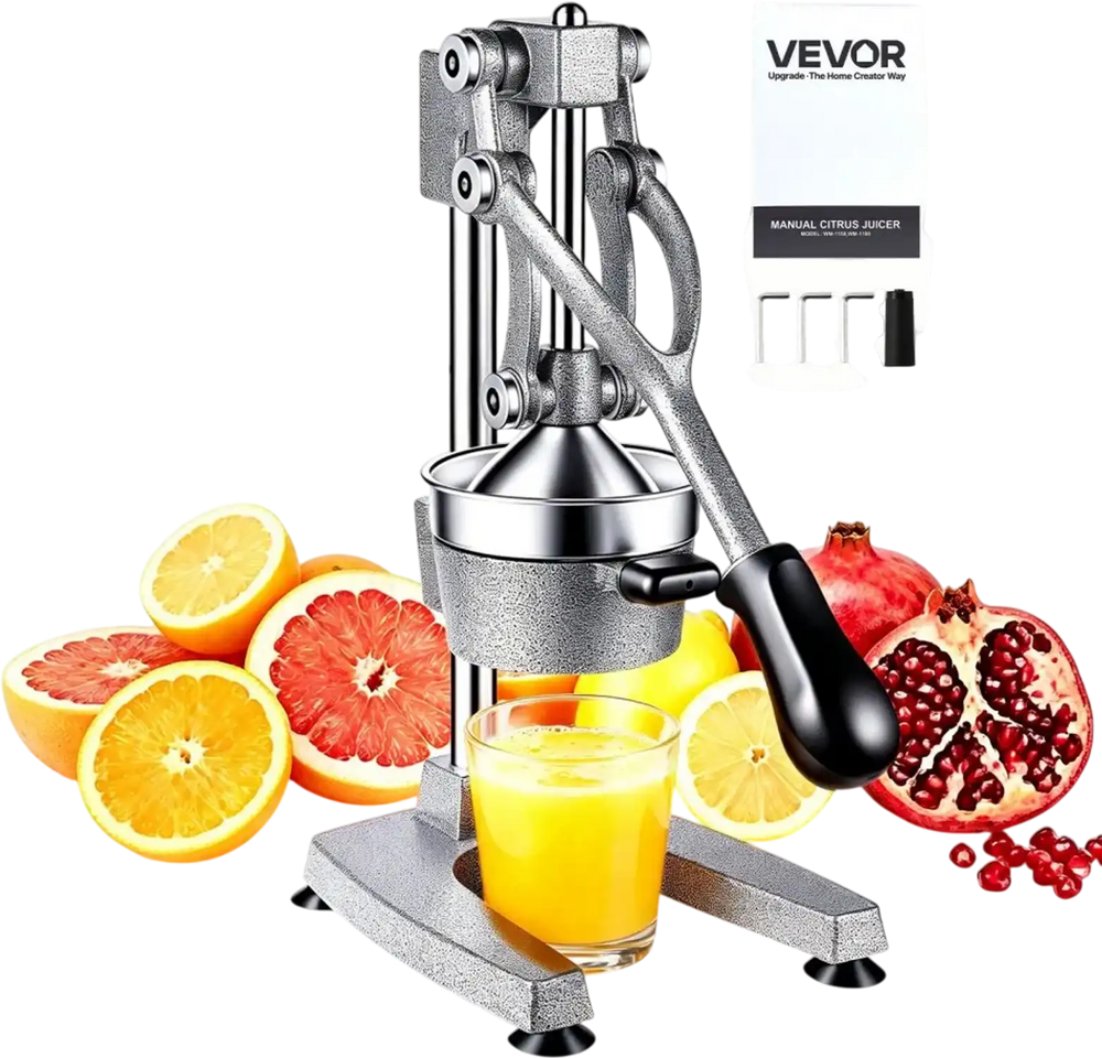 VEVOR Manual Citrus Juicer, 15" Tall Hand Press Orange Juicer, Manual Fresh Juice Extractor for Lemon Pomegranate Grapefruit, Heavy-Duty Cast Iron, Easy to Clean, Home & Commercial Use, Silver Gray