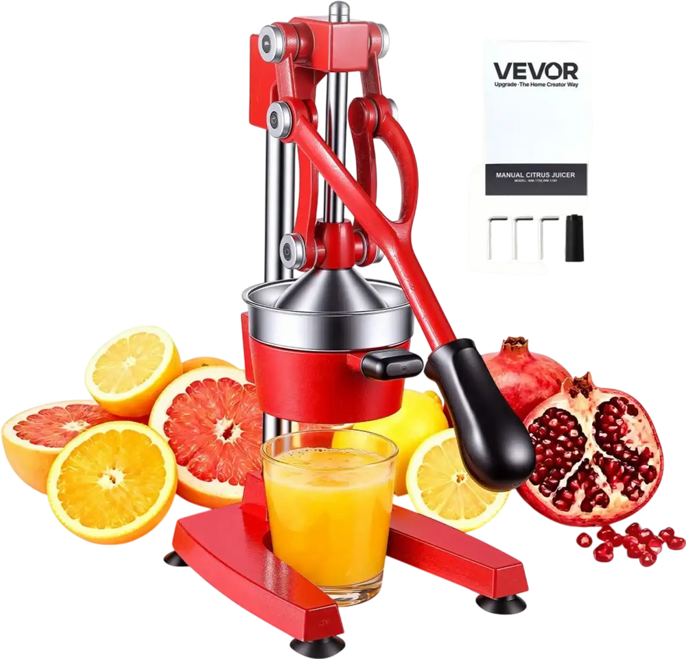 VEVOR Manual Citrus Juicer, 15" Tall Hand Press Orange Juicer, Manual Fresh Juice Extractor for Lemon Pomegranate Grapefruit, Heavy-Duty Cast Iron, Easy to Clean, Home & Commercial Use, Red