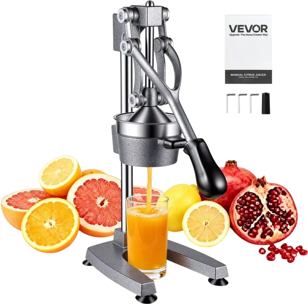 VEVOR Manual Citrus Juicer, 19" Tall Hand Press Orange Juicer, Manual Fresh Juice Extractor for Lemon Pomegranate Grapefruit, Heavy-Duty Cast Iron, Easy to Clean, Home & Commercial Use, Silver Gray