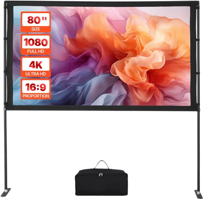 VEVOR Projector Screen with Stand, 80 Inch 160° Wide Angle Indoor Outdoor Projection Screen, 16:9 4K HD Wrinkleless Portable Dual-Stand Screens with Carry Bag, for Movie Home Theater Presentation