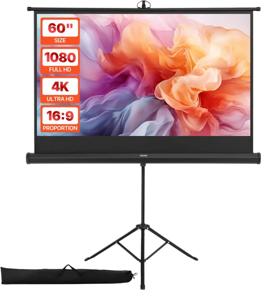 VEVOR Projector Screen with Stand, 60 Inch 160° Wide Angle Indoor Outdoor Projection Screen, 16:9 4K HD Wrinkleless Portable Tripod Screens with Carry Bag, for Movie Home Theater Office Presentation