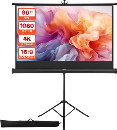 VEVOR Projector Screen with Stand, 60 Inch 160° Wide Angle Indoor Outdoor Projection Screen, 16:9 4K HD Wrinkleless Portable Tripod Screens with Carry Bag, for Movie Home Theater Office Presentation