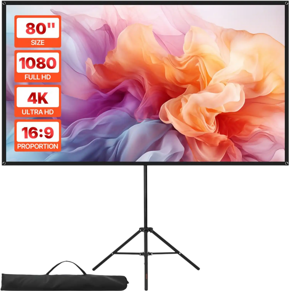 VEVOR Projector Screen with Stand, 80 Inch 160° Wide Angle Indoor Outdoor Projection Screen, 16:9 4K HD Wrinkleless Portable Tripod Screens with Carry Bag, for Movie Home Theater Office Presentation