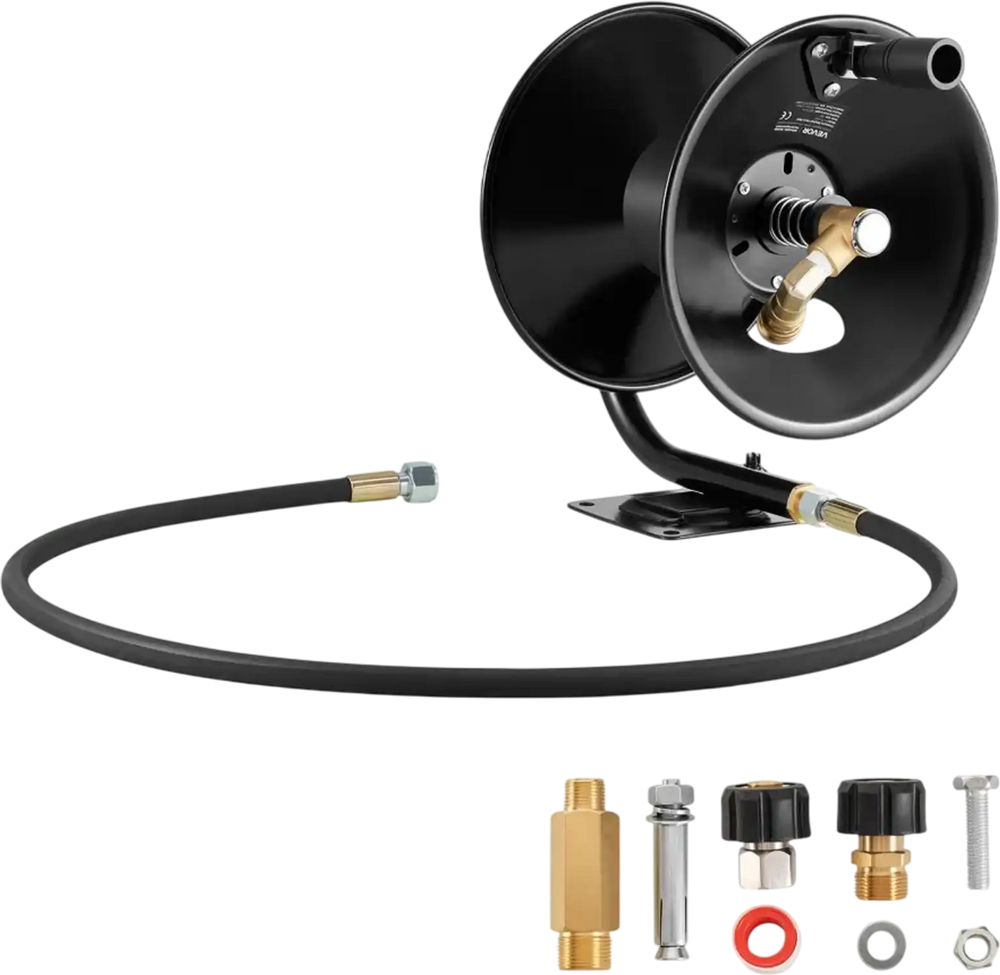 VEVOR Pressure Washer Hose Reel, 50 ft x 3/8 inch Heavy-Duty Steel Bracket-Mounted Pressure Hose Reel, Wall/Floor/Truck Mount, 4000PSI Max, Manual Power Hand Crank for Car/Floor Washing,Garden