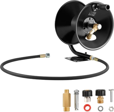 VEVOR Pressure Washer Hose Reel, 50 ft x 3/8 inch Heavy-Duty Steel Bracket-Mounted Pressure Hose Reel, Wall/Floor/Truck Mount, 4000PSI Max, Manual Power Hand Crank for Car/Floor Washing,Garden