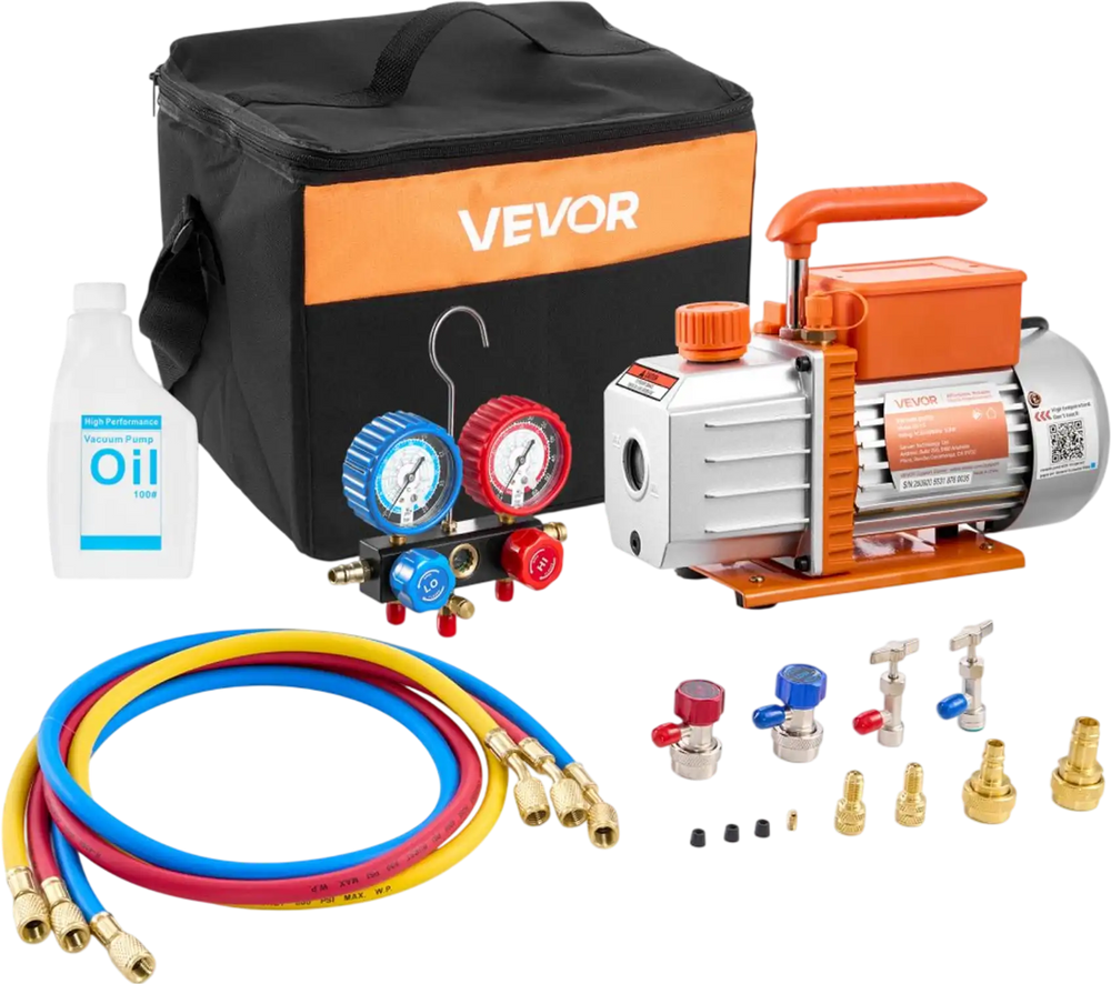 VEVOR AC Vacuum Pump and Gauge Set, 4.5 CFM 1/3 HP, Single Stage Rotary Vane HVAC Vacuum Pump, A/C Manifold Gauge Kit, for R134a R22 R410a R1234YF R32, with Carry Bag, for Auto HVAC Air Conditioning