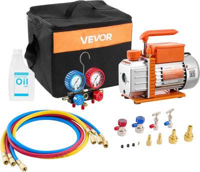 VEVOR AC Vacuum Pump and Gauge Set, 3.5 CFM 1/4 HP, Single Stage Rotary Vane HVAC Vacuum Pump, A/C Manifold Gauge Kit, for R134a R22 R410a R1234YF R32, with Carry Bag, for Auto HVAC Air Conditioning