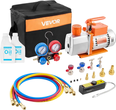 VEVOR AC Vacuum Pump and Gauge Set, 7 CFM 3/4 HP, Two Stage Rotary Vane HVAC Vacuum Pump, A/C Manifold Gauge Kit, for R134a R22 R410a, with Leak Detector Carry Bag Hose, for Auto HVAC Air Conditioning