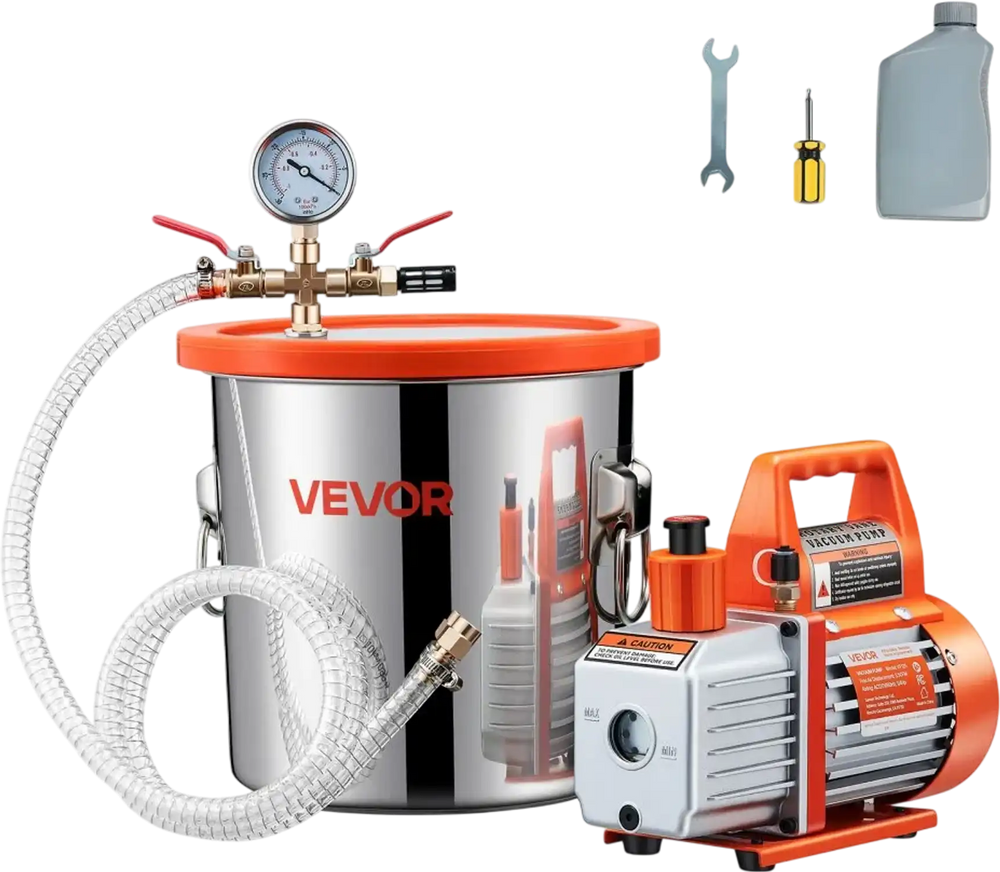 VEVOR 3 Gallon Vacuum Chamber with Pump, 3.5 CFM, Stainless Steel Degassing Chamber Kit, Single Stage Vacuum Pump, Tempered Glass Lid, 4.92 ft Hose, Oil, for Stabilizing Wood Degassing Silicone Resin