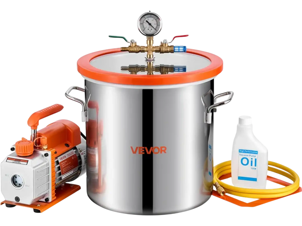 VEVOR 5 Gallon Vacuum Chamber with Pump, 3.5 CFM, Single Stage Vacuum Pump, Stainless Steel Degassing Chamber Kit with Tempered Glass Lid, 5 ft Hose, for Stabilizing Wood Degassing Silicone Resin