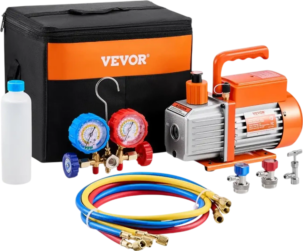 VEVOR 3.5 CFM AC Vacuum Pump and Gauge Set, Single Stage Rotary Vane HVAC Air Vacuum Pump, A/C Refrigerant Manifold Gauge Kit, with Hoses, Air Conditioning Refrigeration for R134a, R12, R22, R502a