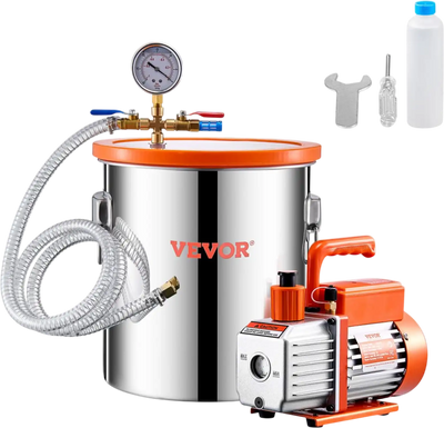VEVOR 5 Gallon Vacuum Chamber and 3.5 CFM Pump Kit, Stainless Steel Chamber, Single Stage Vacuum Pump Degassing Chamber Kit, with Acrylic Lid, Oil, 4.92 ft Hose, for Degassing Resin Silicone Epoxies