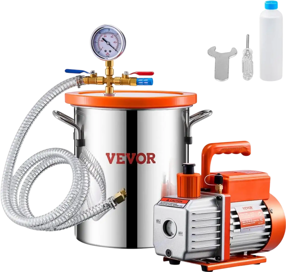 VEVOR 3 Gallon Vacuum Chamber and 3.5 CFM Pump Kit, Stainless Steel Chamber, Single Stage Vacuum Pump Degassing Chamber Kit, with Acrylic Lid, Oil, 4.92 ft Hose, for Degassing Resin Silicone Epoxies