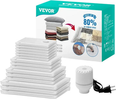 VEVOR Vacuum Storage Bags, 15 Pack Space Saver Seal Bag(3 Jumbo/3 Large/3 Medium/3 Small/3 Roll), Compression Airtight Zipper Space Bags with Electric Pump, for Cloth, Bedding, Blanket, Pillow, Travel