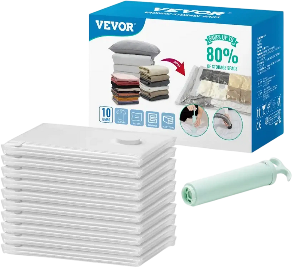 VEVOR Vacuum Storage Bags, 10 Jumbo Space Saver Vacuum Seal Bags, Compression Airtight Space Bags, Zipper Sealer Bags for Clothes, Bedding, Blanket, Pillows, Comforters, Travel (Hand Pump Included)