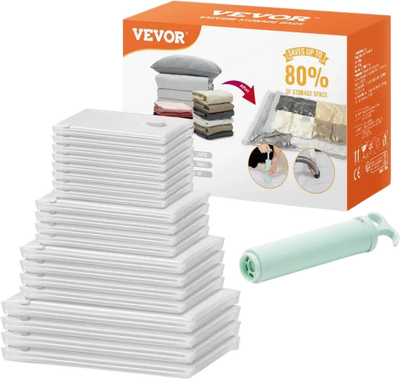 VEVOR Vacuum Storage Bags, 20 Pack Space Saver Seal Bag(4 Jumbo/4 Large/4 Medium/4 Small/4 Roll), Compression Airtight Zipper Space Bags with Hand Pump, for Cloth, Bedding, Blanket, Pillow, Travel