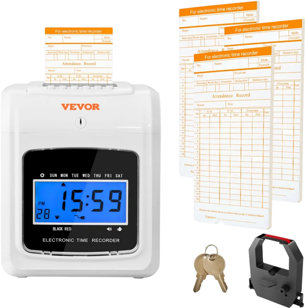 VEVOR Punch Time Clock, Time Tracker Machine for Employees of Small Business, 6 Punches per Day, Time Clock Punch Machine Includes 102 Time Cards, 1 Ink Ribbon and 2 Security Keys