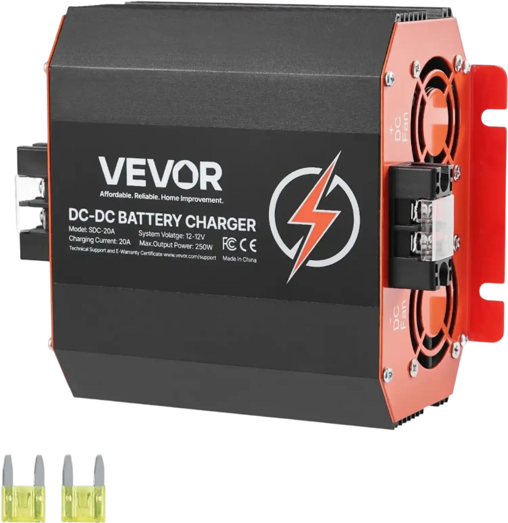 VEVOR 12V 20A DC to DC Battery Charger, 250W, On-Board Battery Charger for Lead-Acid, Lithium, AGM, GEL, and Flooded Batteries, Smart Multi-Stage Charging, for RVs, Commercial Vehicles, Boats, Yachts