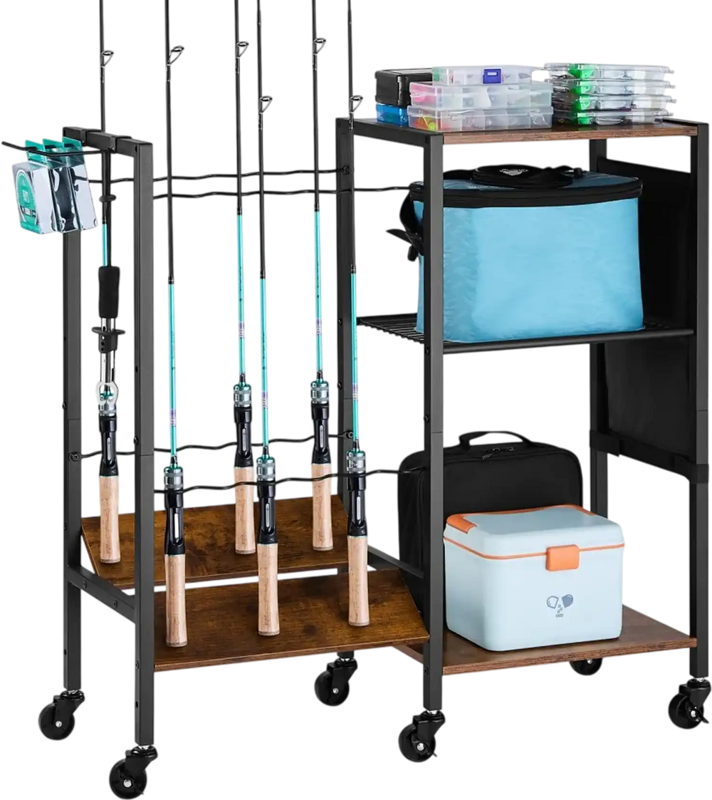 VEVOR Fishing Rod Holder for 12-Rods, Mobile Fishing Pole Rack Cart with Wheels, Fish Gear Equipment Organizer for Garage Home Indoor Use, for Tackle Box Reel Accessories Storage, Gifts for Men