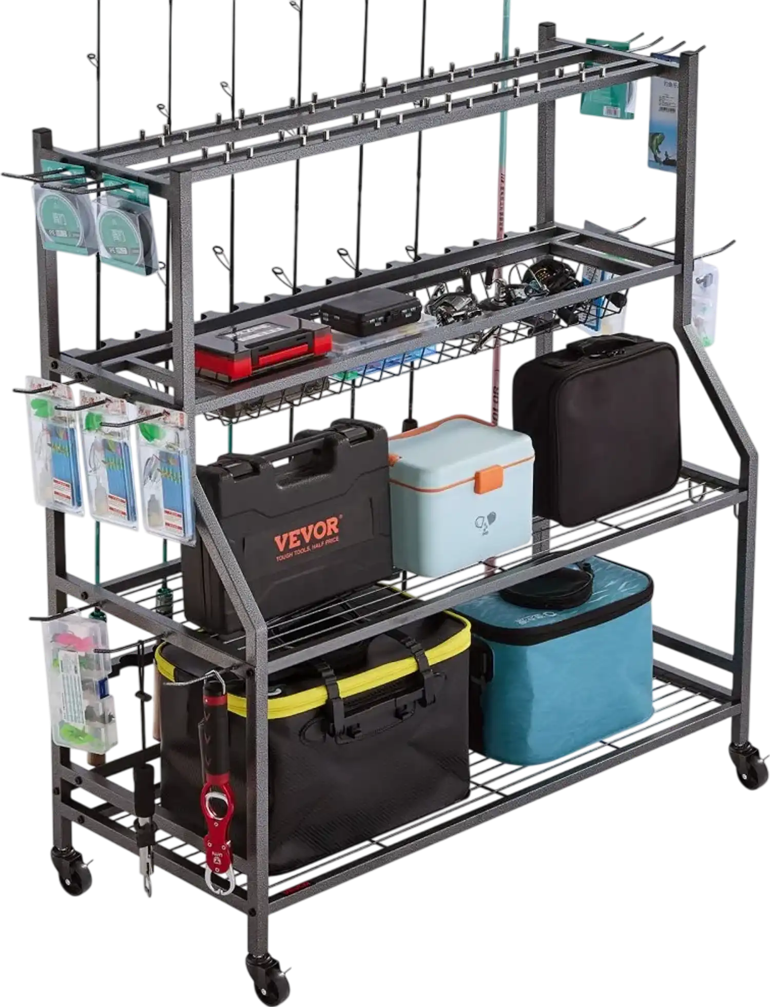Vevor Fishing Rod Holder 15-Rod Mobile Rack Cart with Wheels New