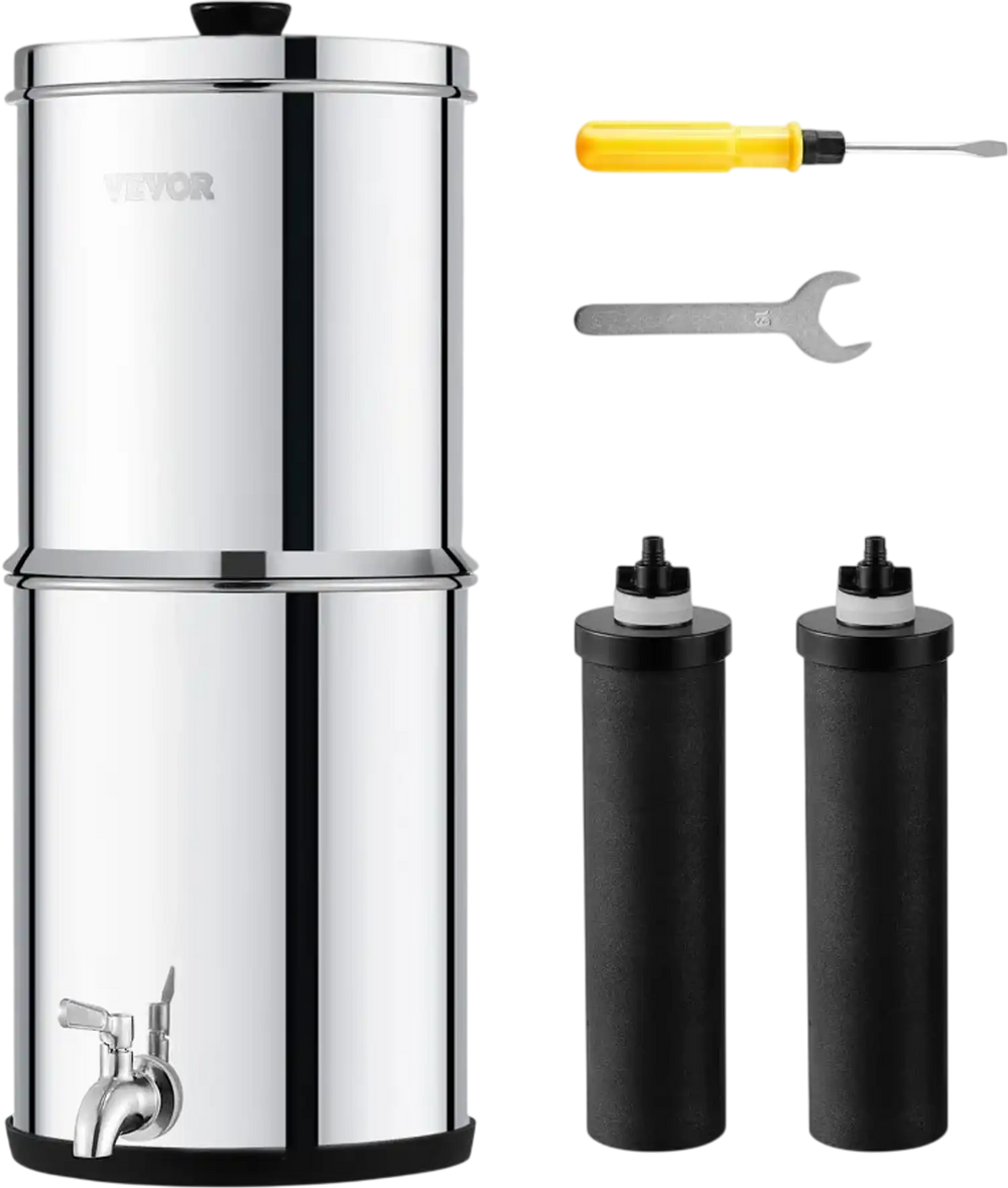 VEVOR Gravity-fed Water Filter System, 2.25G 304 Stainless-Steel Countertop System, Water Filtration System, Reduces Lead and up to 99% of Chlorine, with 2 Carbon Filters & Spigot, for Home Camping RV