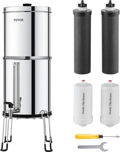 VEVOR Gravity-fed Water Filter System, 2.25G 304 Stainless-Steel Countertop Filtration System, Reduces Lead and up to 99% of Chlorine, with 2 Activated Carbon Filter, 2 Defluorination Filter, Spigot
