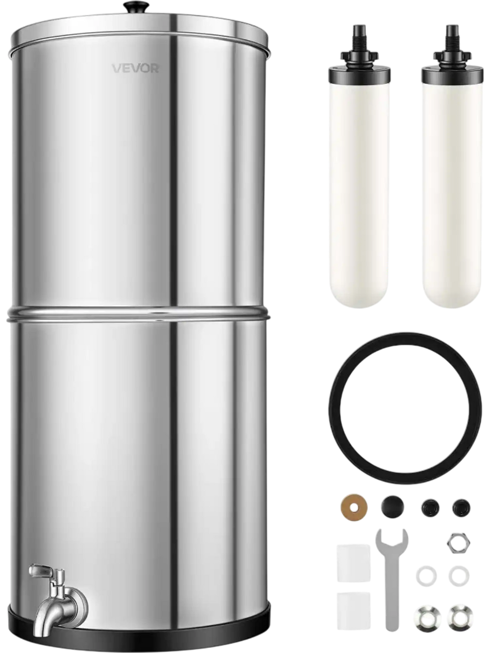 VEVOR Gravity-fed Water Filter System, 3G 304 Stainless-Steel Countertop Water Filtration System, Reduces Lead and up to 99% of Chlorine, with 2 Ceramic Carbon Filters, and Spigot, for Home Camping RV
