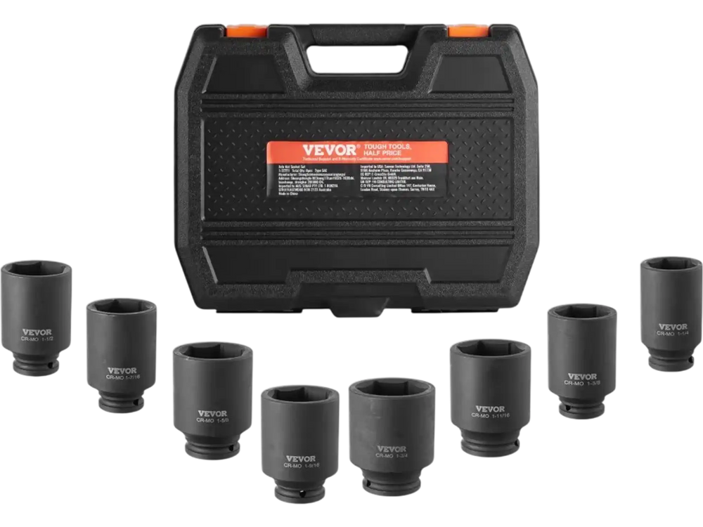 VEVOR Axle Nut Impact Socket Set, 1/2" Drive Deep 12-Point 8-Piece Metric Spindle Nut Socket Set, CR-MO Heat Treated Large Socket Set with Storage Case, Auto Repair, Removing or Installing Axle Nuts