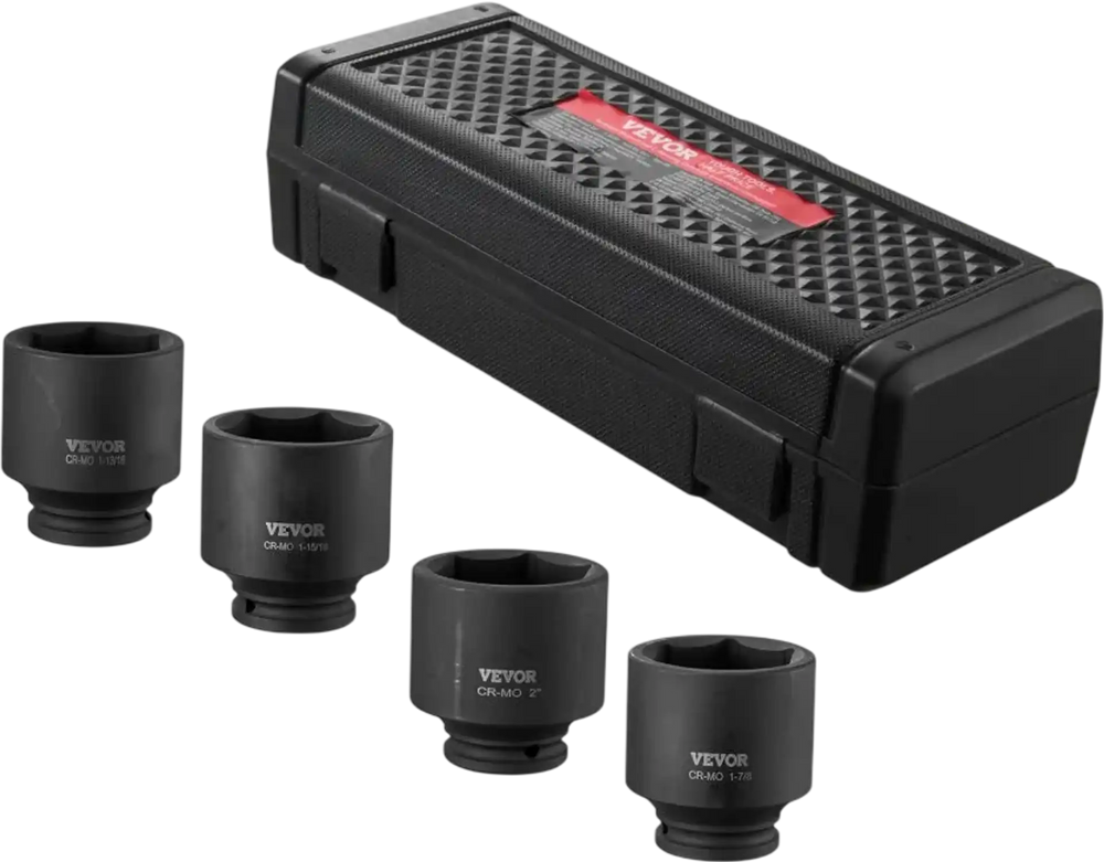 VEVOR Axle Nut Impact Socket Set, 1/2" Drive 6-Point 4-Piece SAE Spindle Nut Socket Set, CR-MO Heat Treated Large Socket Set with Storage Case, for Auto Repair, Removing or Installing Axle Nuts