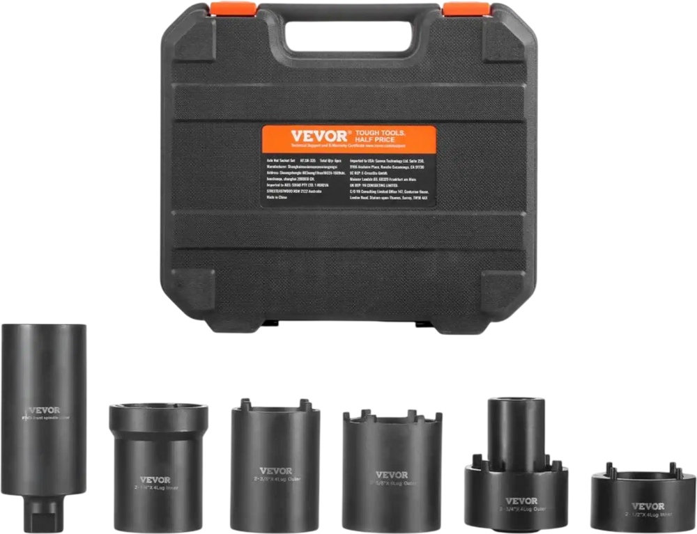 VEVOR Spindle Nut Socket Tool Kit, 1/2 inch Drive 6 Piece Axle Hub Nut Socket Set, for Toyota, Ford, 4WD Vehicles and GM Vehicles, with Storage Case, Axle Spindle Nut Retainers Remover